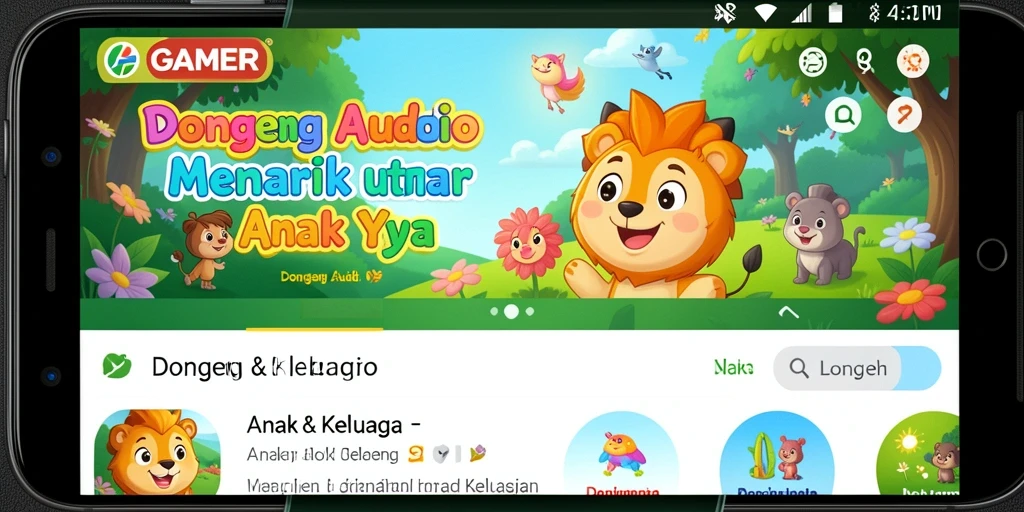 Tampilan antarmuka aplikasi GAMERP dengan pilihan cerita yang menarik.