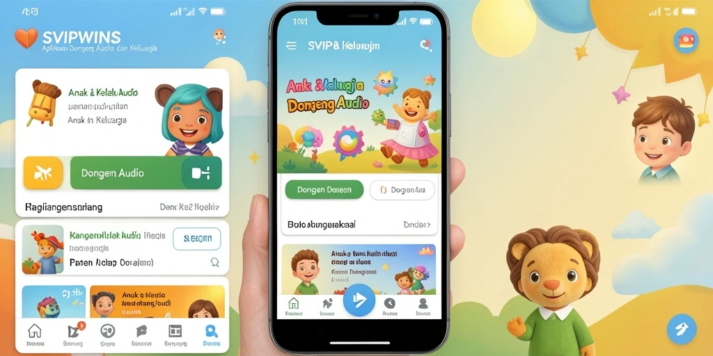 Antarmuka menarik SVIPWINS untuk dongeng audio anak.
